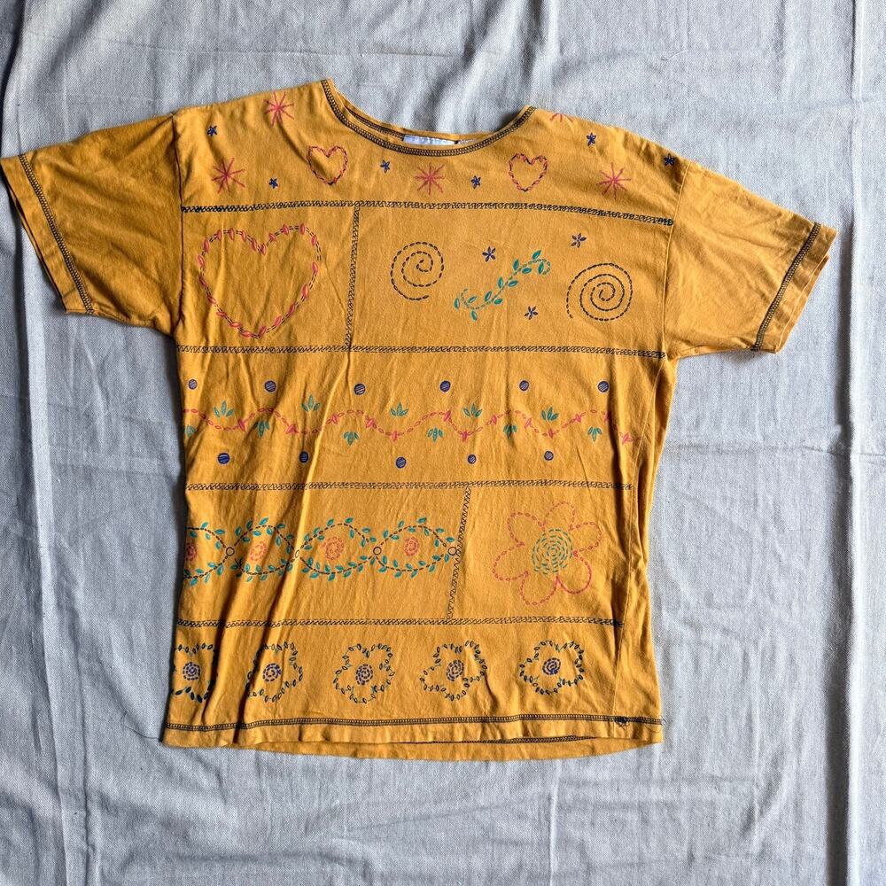 Vintage 90s Cristina Mustard Yellow Embroidered Boho Tee S Cotton Brazil Floral
